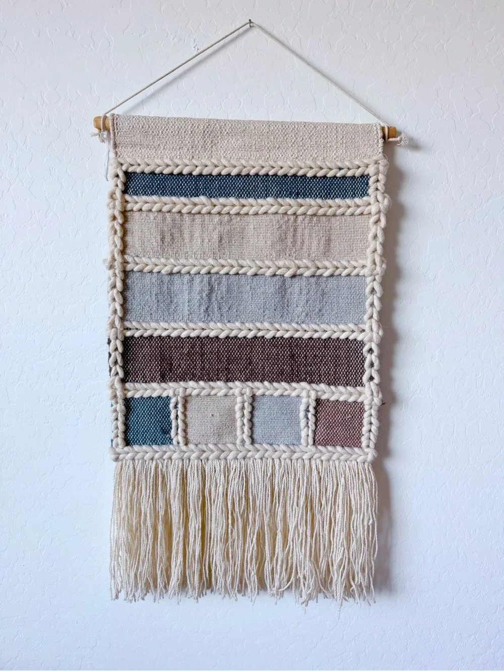 Handwoven Neutral and Blue Wall Tapestry with Fringe